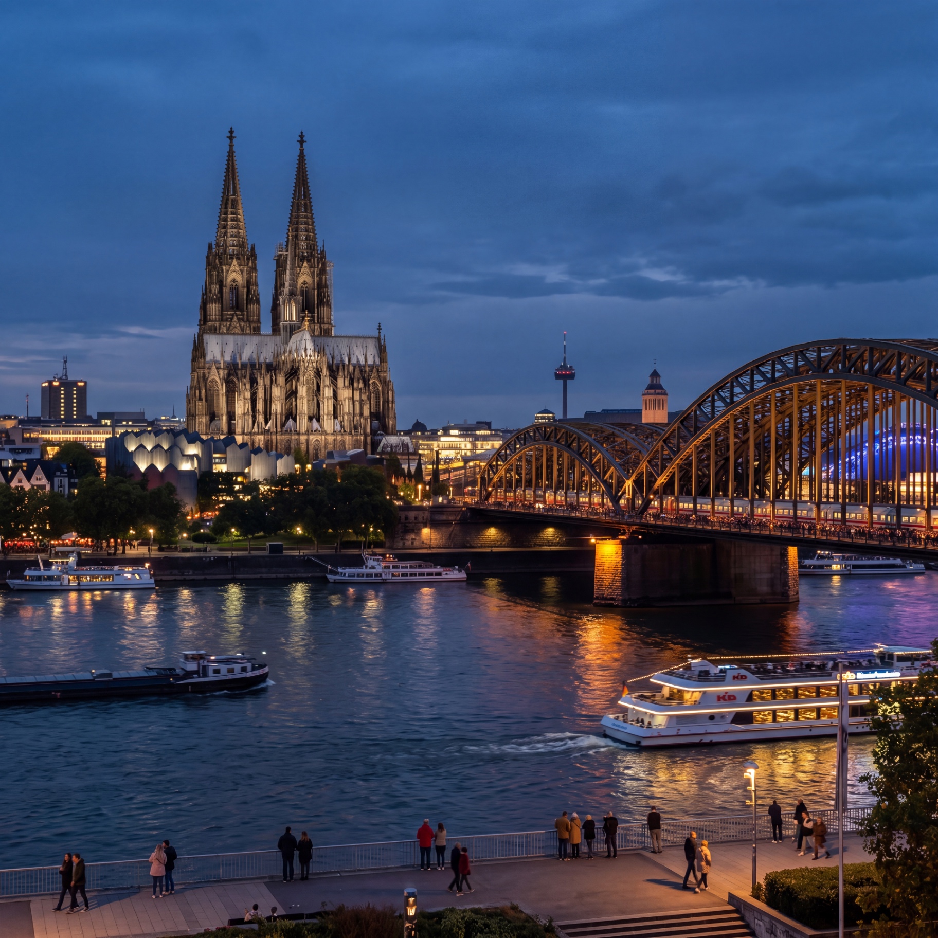 Kölner Dom und Hohenzollernbrücke bei Abenddämmerung